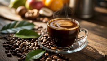 10 Ways Coffee Antioxidants Boost Your Wellness 12 Coffee cup with steam on rustic wooden table surrounded by coffee beans and green leaves, ideal for health and fitness lifestyle topics.