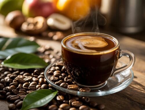 Coffee cup with steam on rustic wooden table surrounded by coffee beans and green leaves, ideal for health and fitness lifestyle topics.