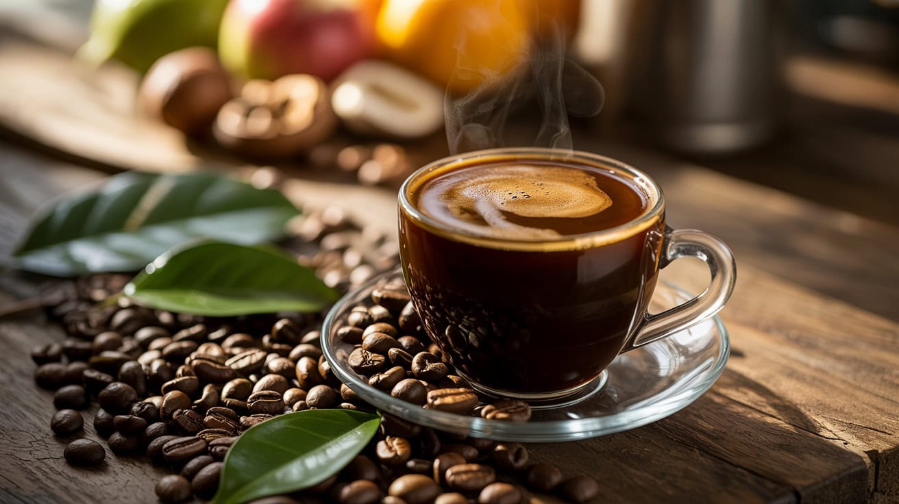 Coffee cup with steam on rustic wooden table surrounded by coffee beans and green leaves, ideal for health and fitness lifestyle topics.