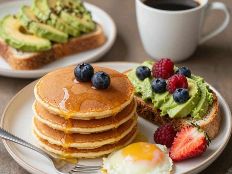 Pancakes, avocado toast, coffee, berries.