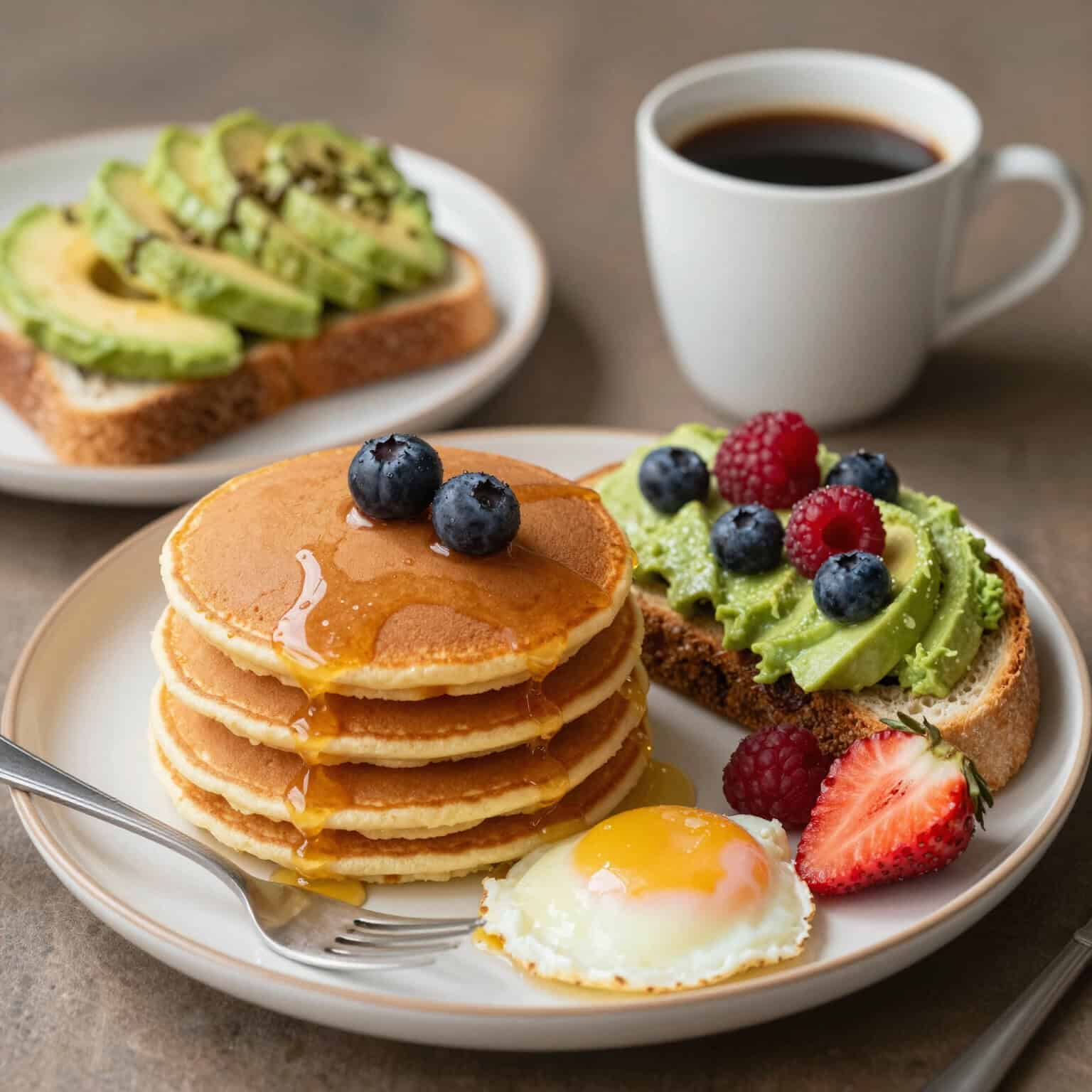 Pancakes, avocado toast, coffee, berries.