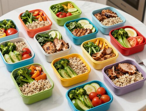 Colorful meal prep containers with salads