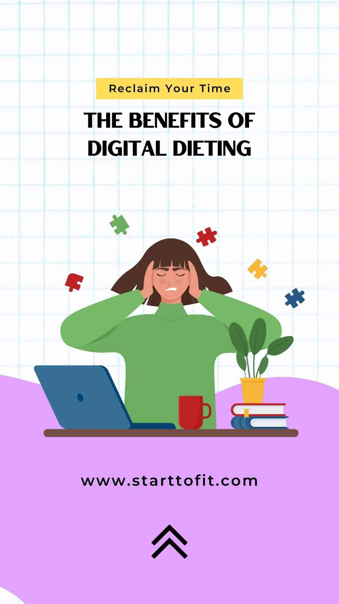 Reclaim Your Time - Image illustrating the mental strain of digital dieting; a woman holding her head with colorful puzzle pieces representing mental clutter, emphasizing digital health and stress relief.