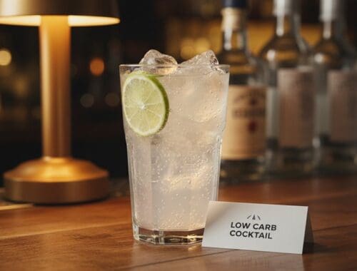 A clear, fizzy low carb cocktail in a tall glass with lime slices and ice, placed on a wooden bar counter with a small sign. The setting features warm lighting and bar bottles in the background, emphasizing a stylish, health-oriented lifestyle.