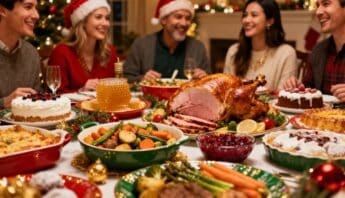 A joyful family gathering with Christmas decorations enjoying a traditional holiday meal featuring roasted turkey, colorful vegetables, cakes, and desserts in a cozy home setting.