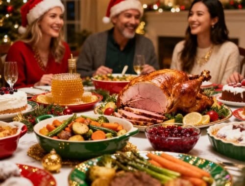 A joyful family gathering with Christmas decorations enjoying a traditional holiday meal featuring roasted turkey, colorful vegetables, cakes, and desserts in a cozy home setting.