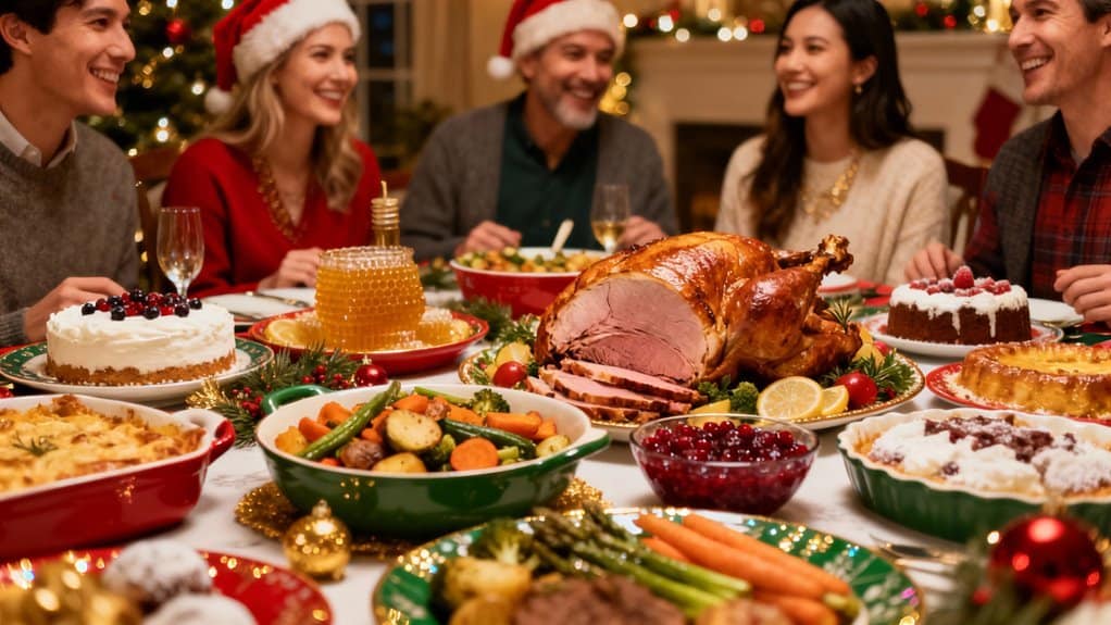 A joyful family gathering with Christmas decorations enjoying a traditional holiday meal featuring roasted turkey, colorful vegetables, cakes, and desserts in a cozy home setting.