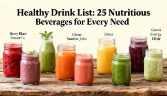 Healthy Drink List 25 Nutritious Beverages for Every Need 15 Freshly made colorful smoothies in glass jars on rustic wooden surface, labeled with different healthy drink options for nutritious hydration.