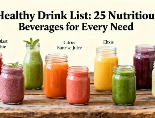 Freshly made colorful smoothies in glass jars on rustic wooden surface, labeled with different healthy drink options for nutritious hydration.