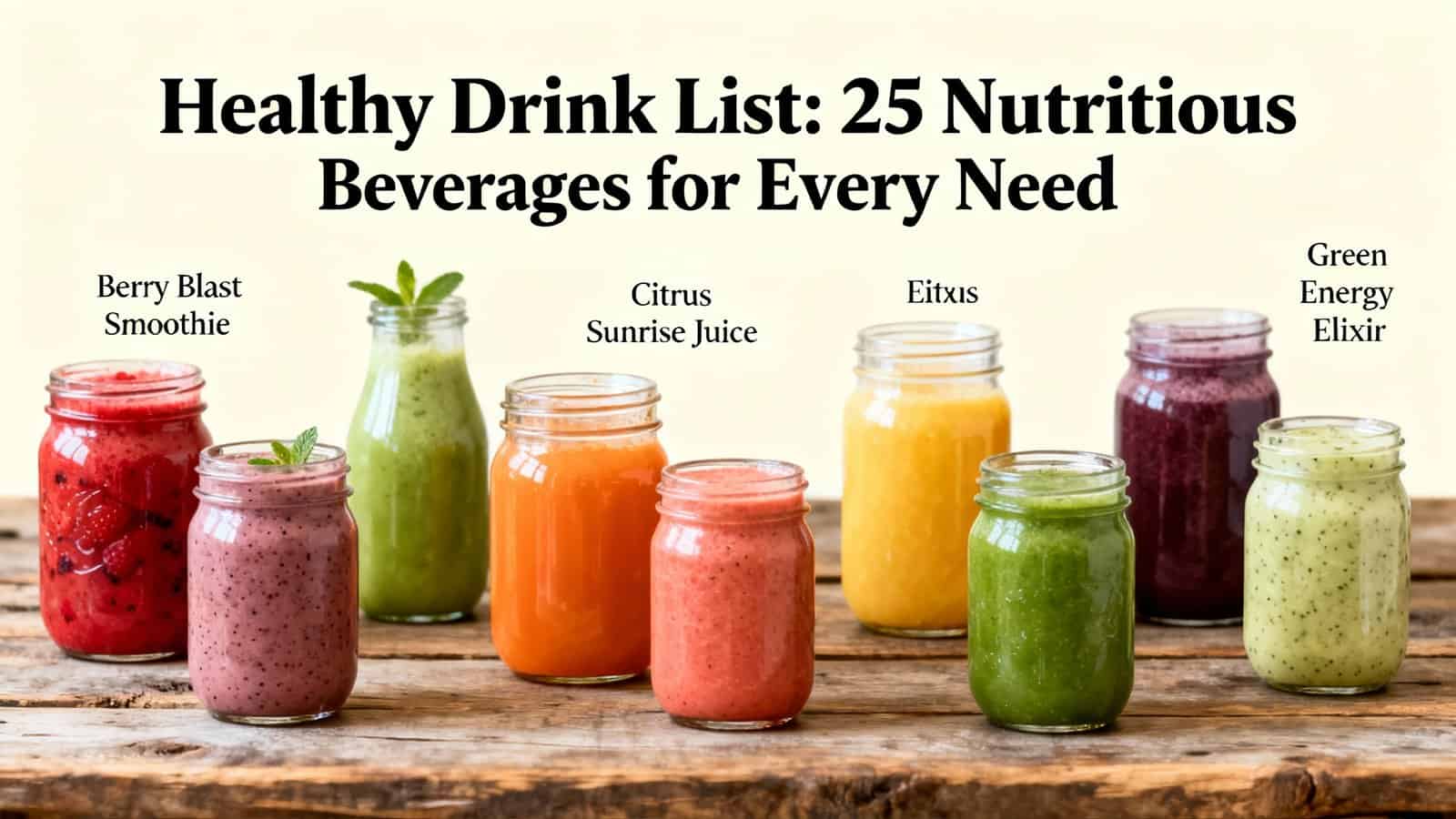 Freshly made colorful smoothies in glass jars on rustic wooden surface, labeled with different healthy drink options for nutritious hydration.
