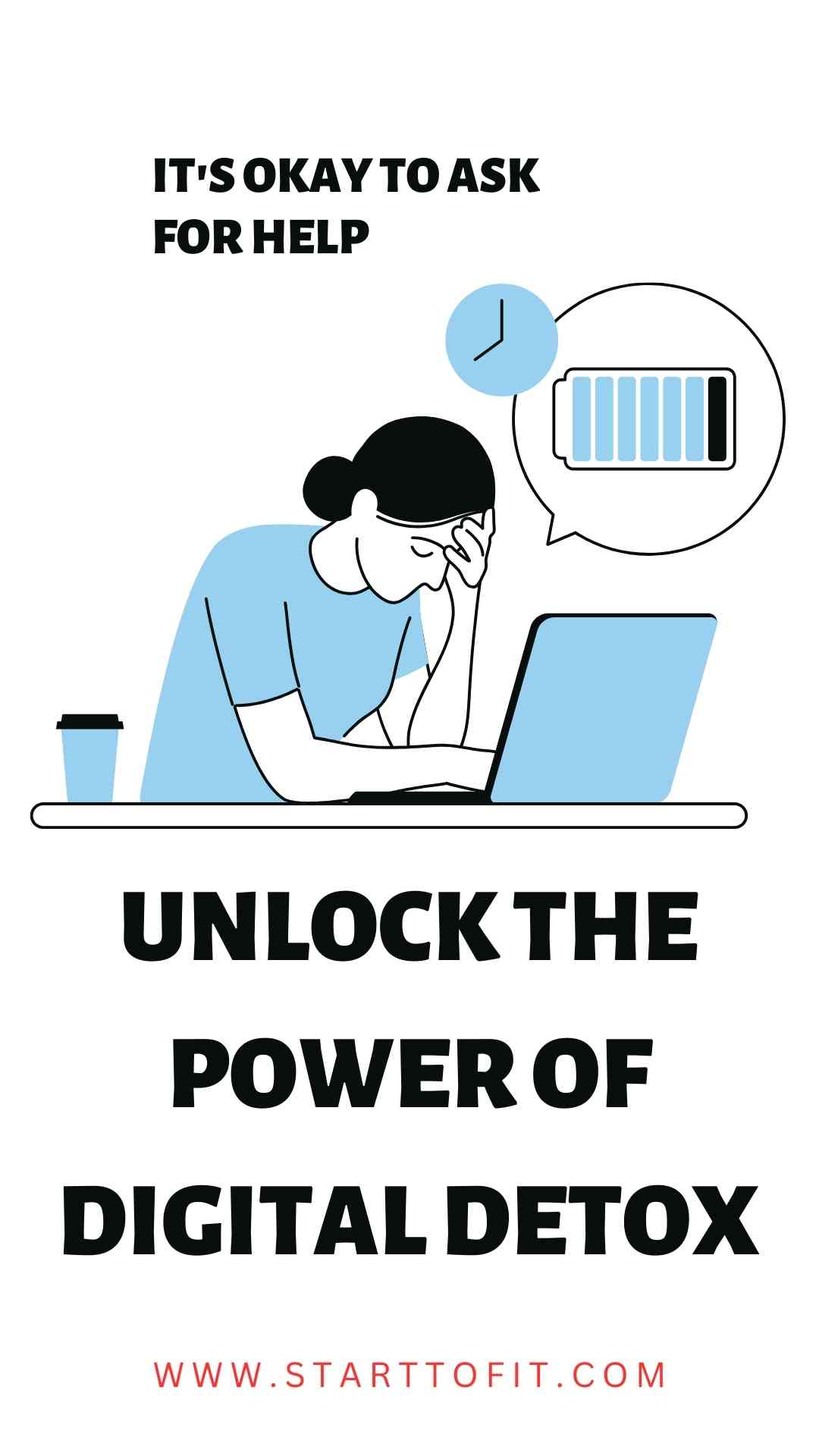 Hand woman worried about low battery on her laptop with digital detox message to ask for help and restore energy.