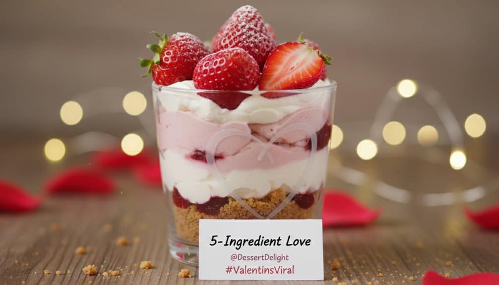 Delicious layered strawberry cheesecake parfait in a glass with graham cracker crust, creamy cheese, and fresh strawberries, perfect for Valentine's Day.