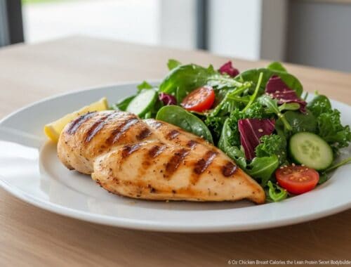 Healthy grilled chicken breast with fresh mixed greens and vegetables. Perfect for a nutritious, protein-packed meal. Easy-to-make and ideal for a balanced diet.