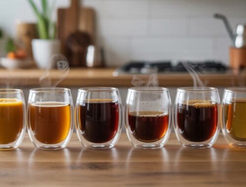 Warm beverages in clear double-walled glass mugs on a wooden kitchen countertop, showcasing a variety of teas and coffees with steam rising, emphasizing comfort and healthful drink options.