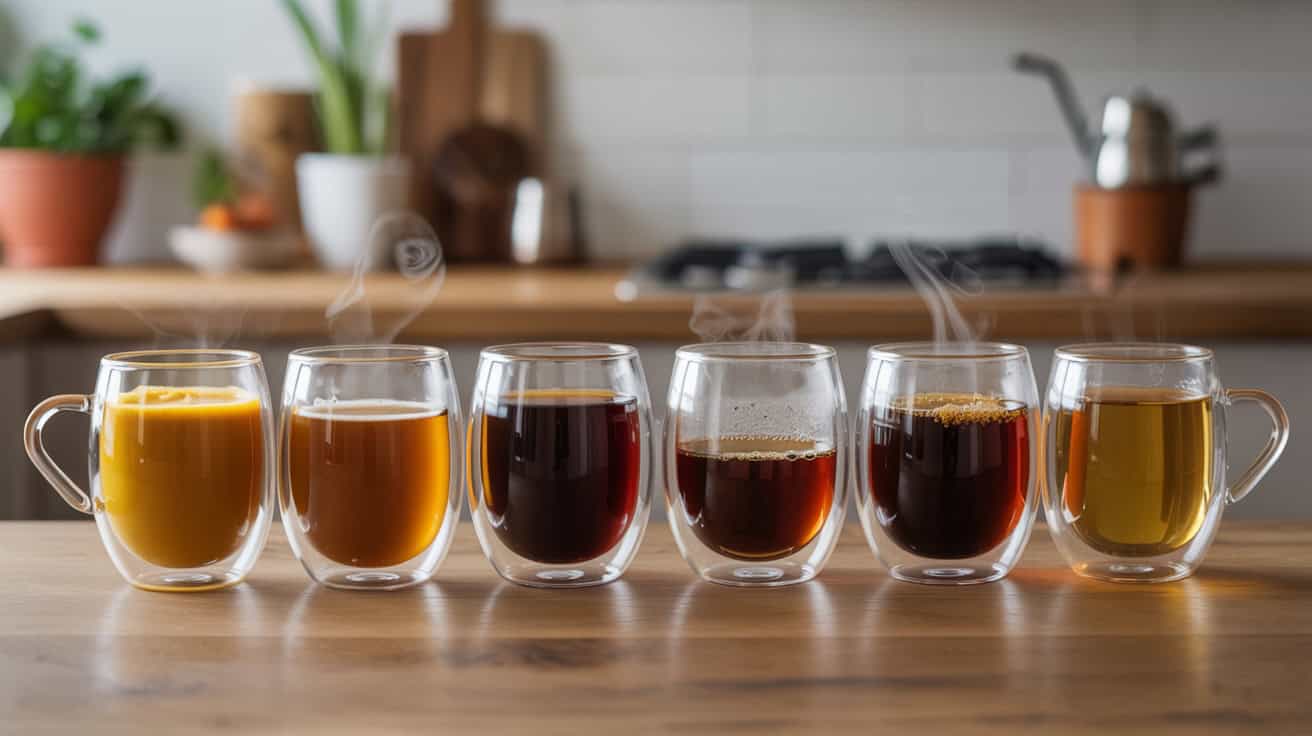 Warm beverages in clear double-walled glass mugs on a wooden kitchen countertop, showcasing a variety of teas and coffees with steam rising, emphasizing comfort and healthful drink options.