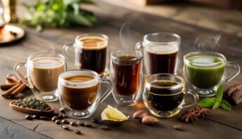 Roasted coffee and herbal tea varieties served in glass cups with spices and herbs on rustic wooden table.