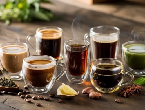 Roasted coffee and herbal tea varieties served in glass cups with spices and herbs on rustic wooden table.