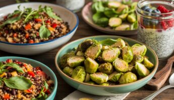 Fresh roasted Brussels sprouts served in a bowl with other colorful healthy salads and chia pudding with berries on a wooden table.