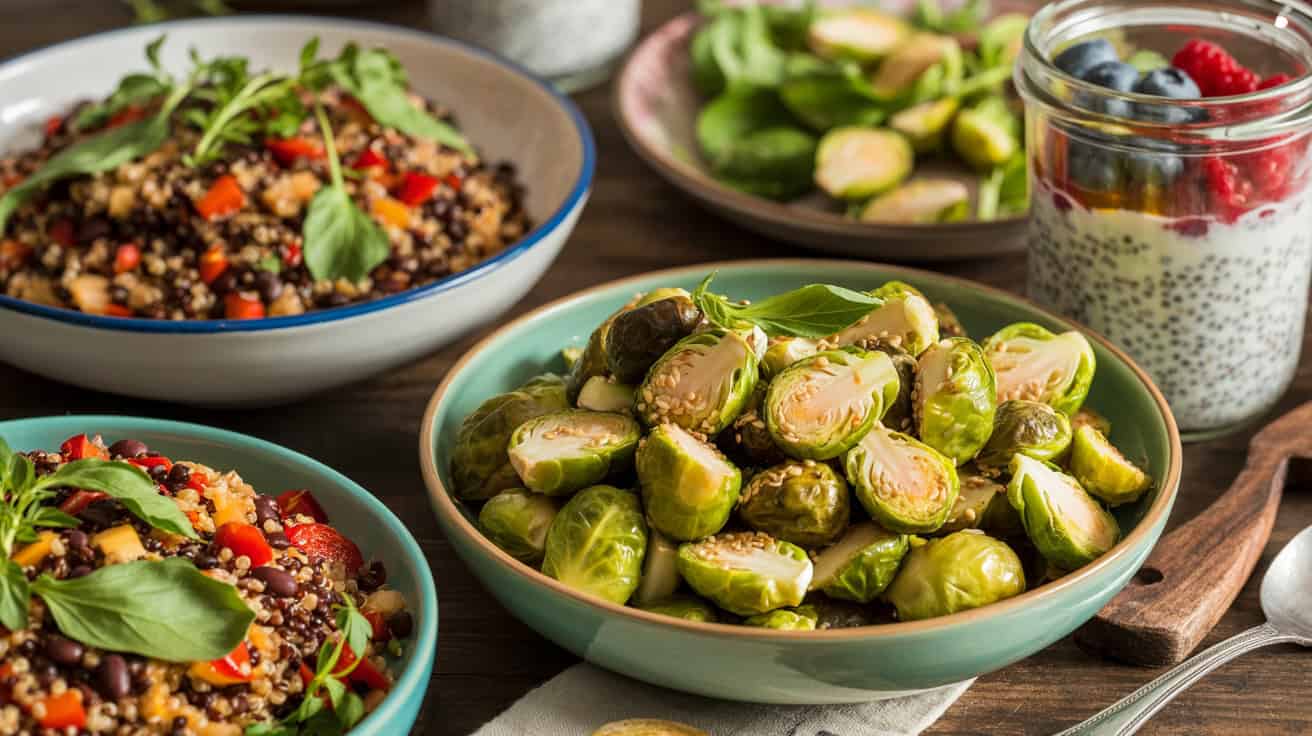 Fresh roasted Brussels sprouts served in a bowl with other colorful healthy salads and chia pudding with berries on a wooden table.