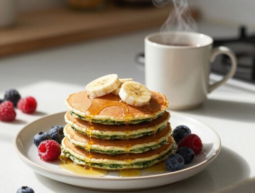 Stack of pancakes with berries and syrup