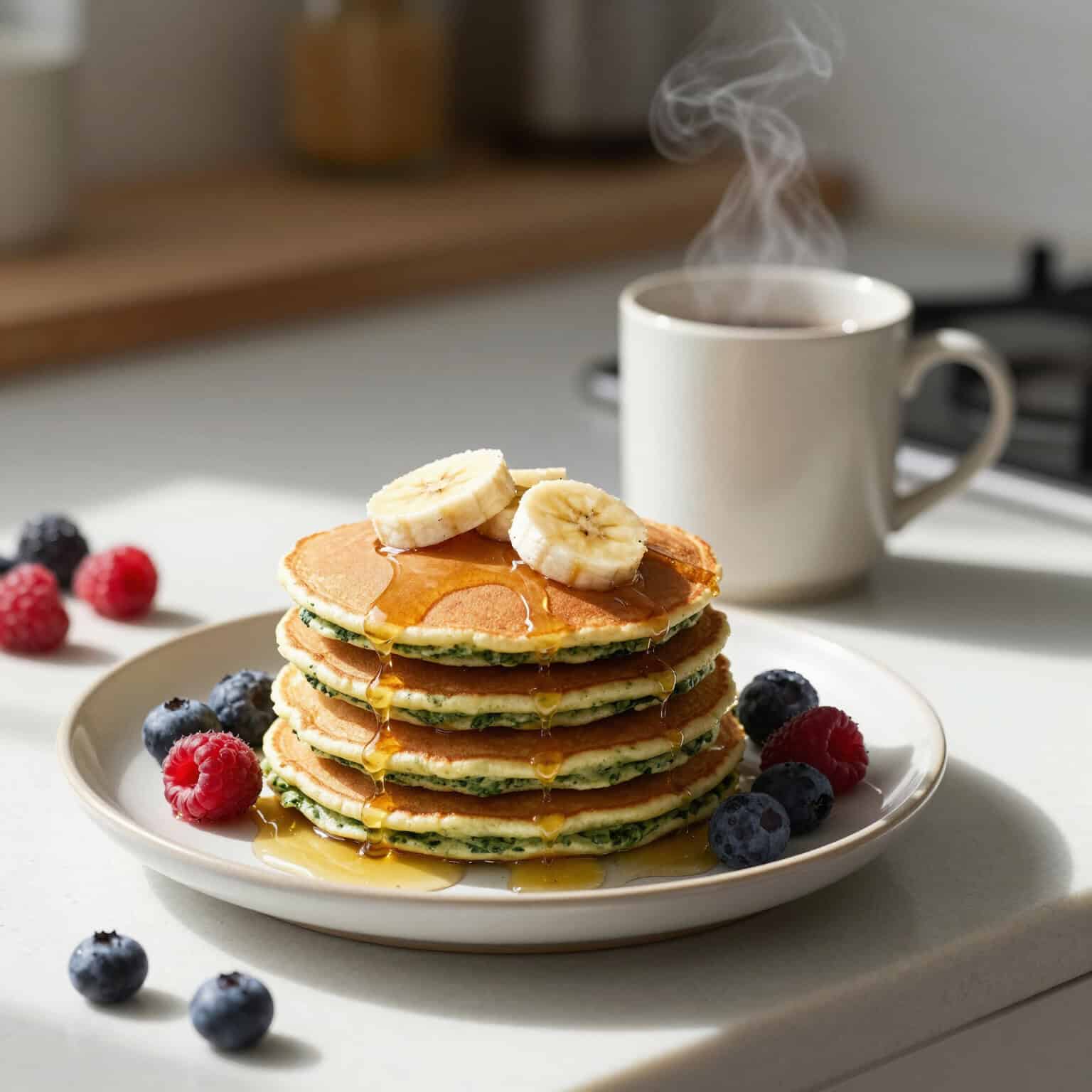 Stack of pancakes with berries and syrup