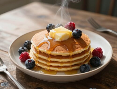 Stack of pancakes with berries and syrup