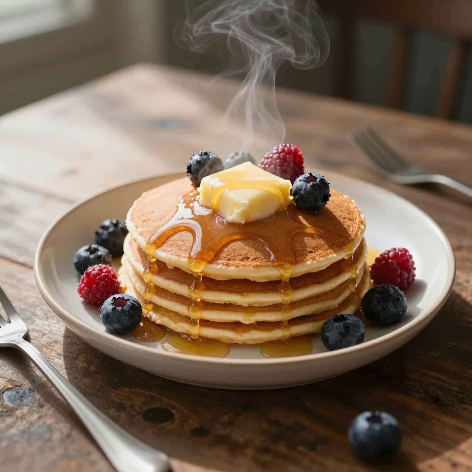 Stack of pancakes with berries and syrup