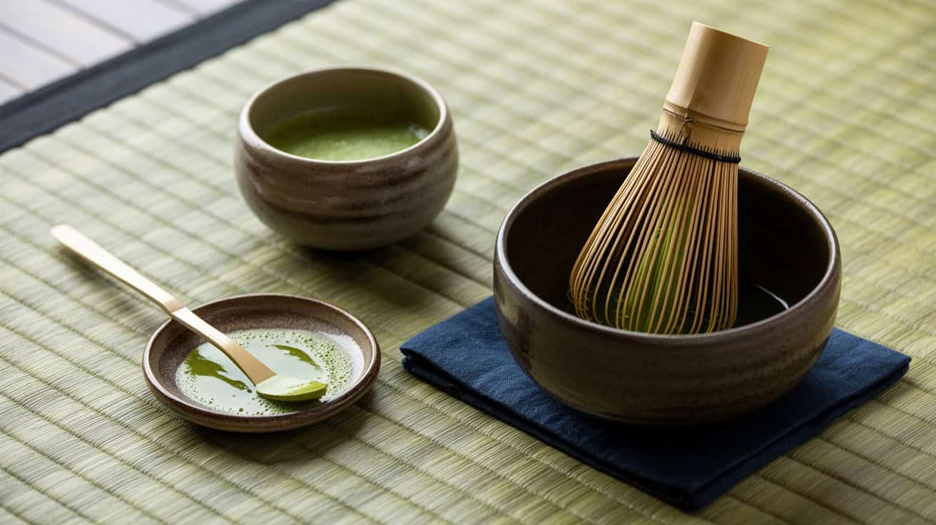 Matcha tea preparation with traditional tools for a healthy lifestyle.