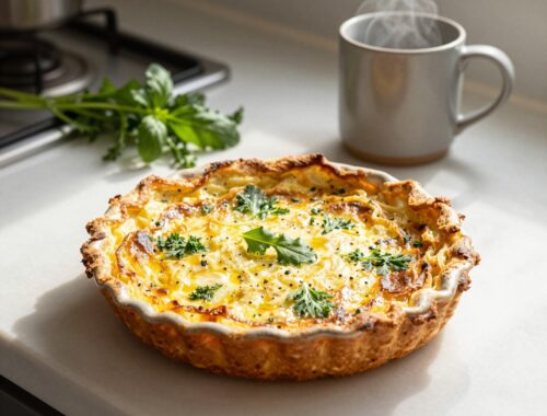 Delicious quiche with herbs and steam