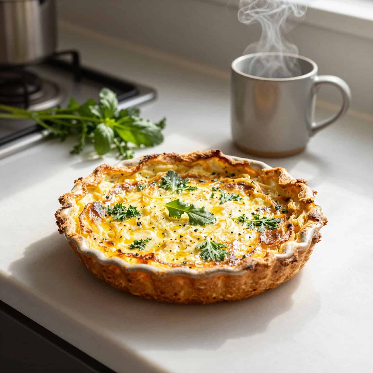 Delicious quiche with herbs and steam