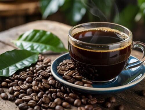 Rich black coffee in a glass cup with steam on a rustic wooden table surrounded by coffee beans and green leaves.