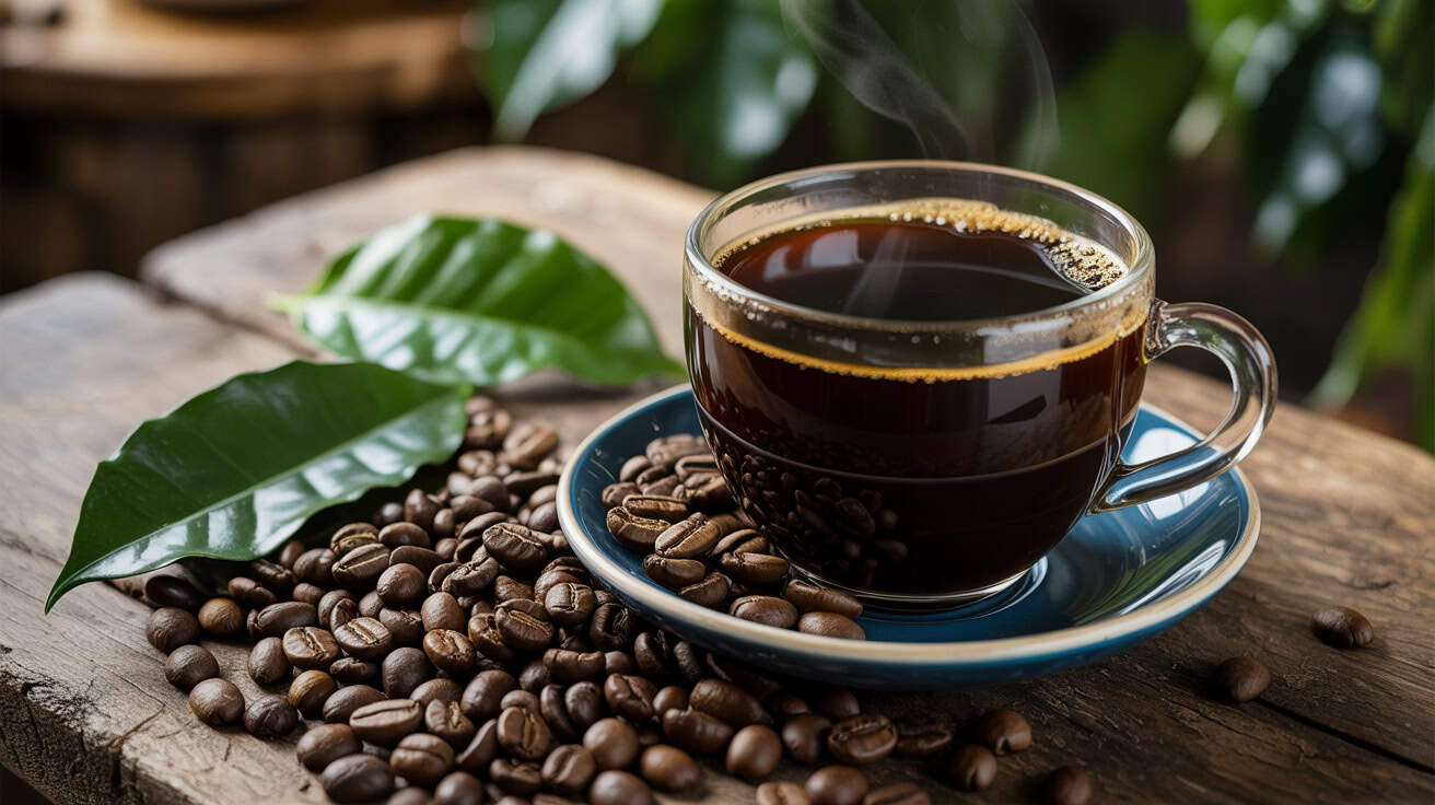 Rich black coffee in a glass cup with steam on a rustic wooden table surrounded by coffee beans and green leaves.