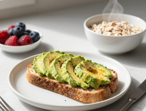 Avocado toast with berries and oatmeal.