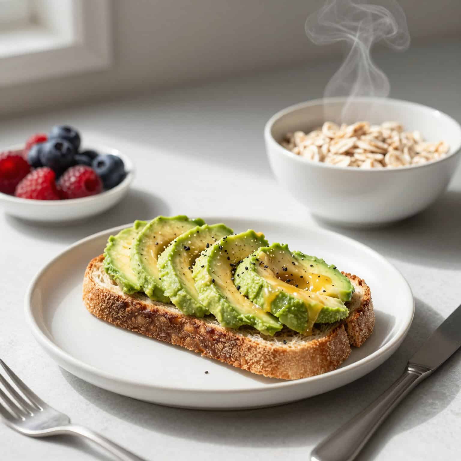 Avocado toast with berries and oatmeal.