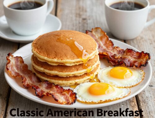 Pancakes, bacon, eggs, and coffee.