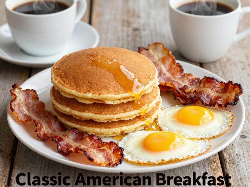Pancakes, bacon, eggs, and coffee.