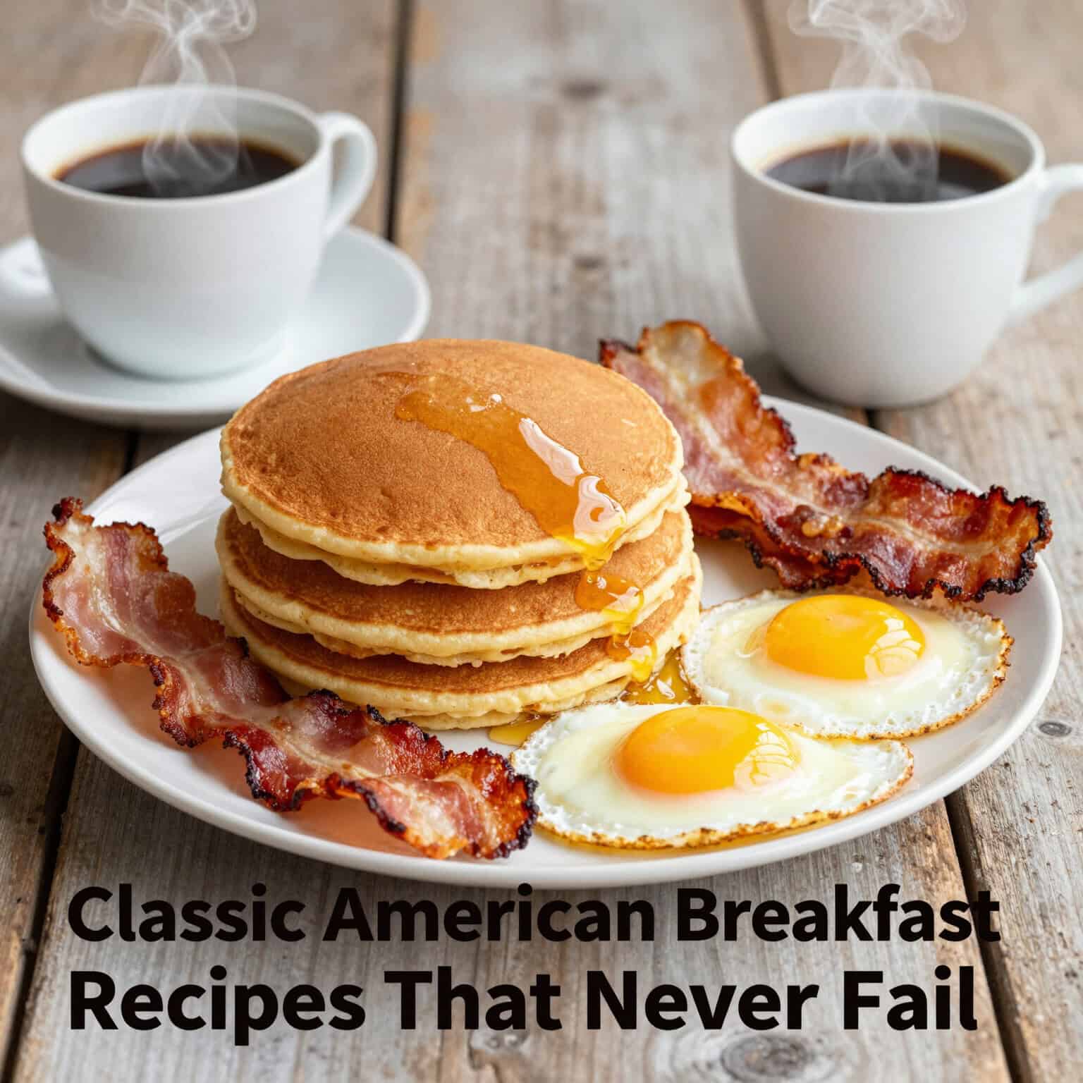 Pancakes, bacon, eggs, and coffee.