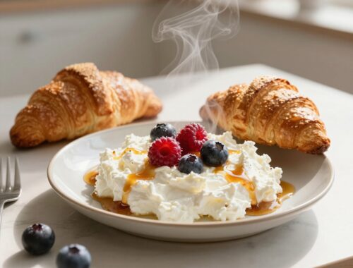 Cottage cheese with berries and croissants