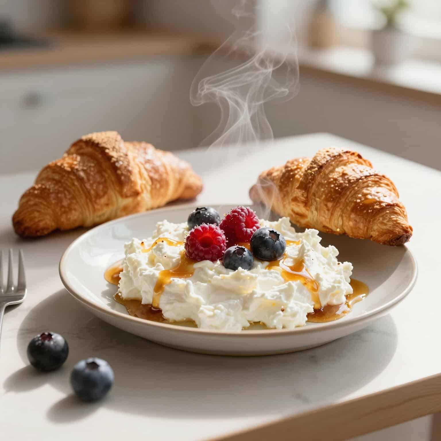 Cottage cheese with berries and croissants
