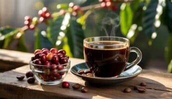 Rich coffee in a clear glass cup with steam, next to a bowl of fresh red coffee cherries on a rustic wooden table outdoors.
