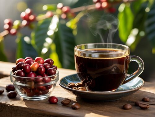 Rich coffee in a clear glass cup with steam, next to a bowl of fresh red coffee cherries on a rustic wooden table outdoors.