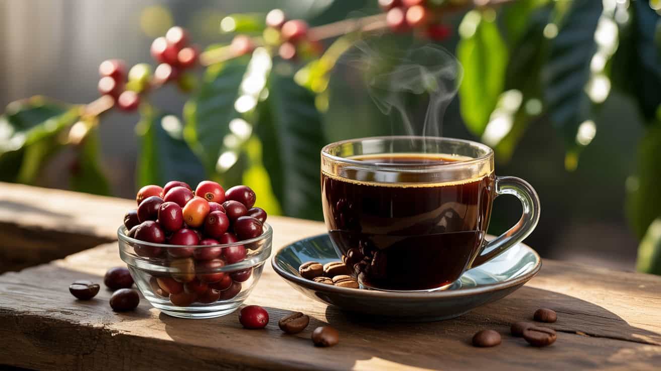 Rich coffee in a clear glass cup with steam, next to a bowl of fresh red coffee cherries on a rustic wooden table outdoors.