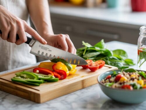 Fresh colorful vegetables being sliced on a wooden cutting board for a healthy meal.
