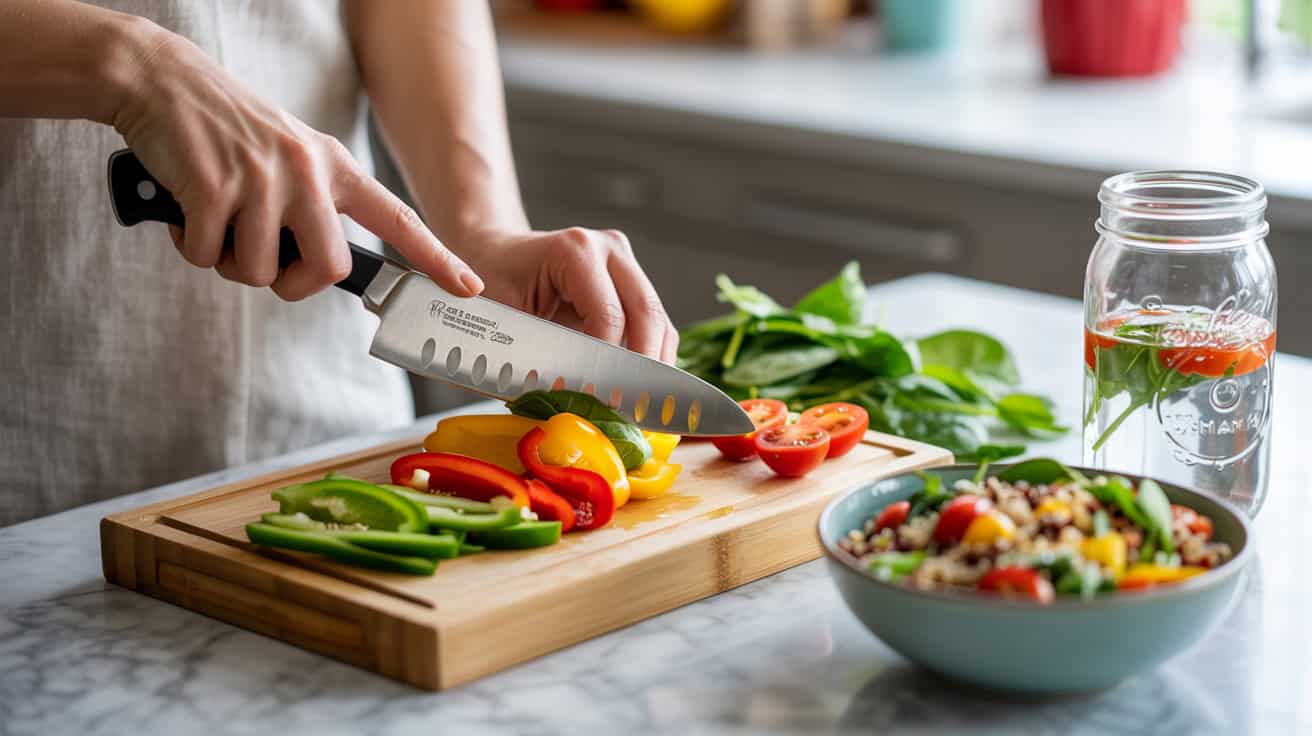 Fresh colorful vegetables being sliced on a wooden cutting board for a healthy meal.