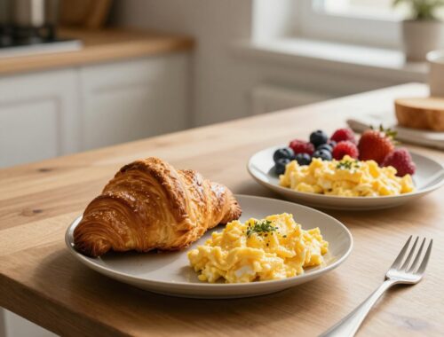 Croissant, scrambled eggs, fresh berries.