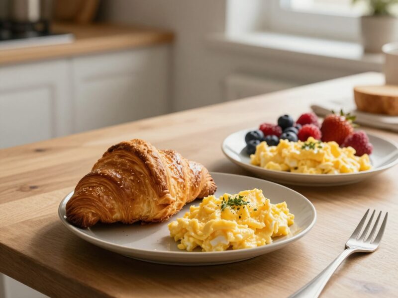 Croissant, scrambled eggs, fresh berries.