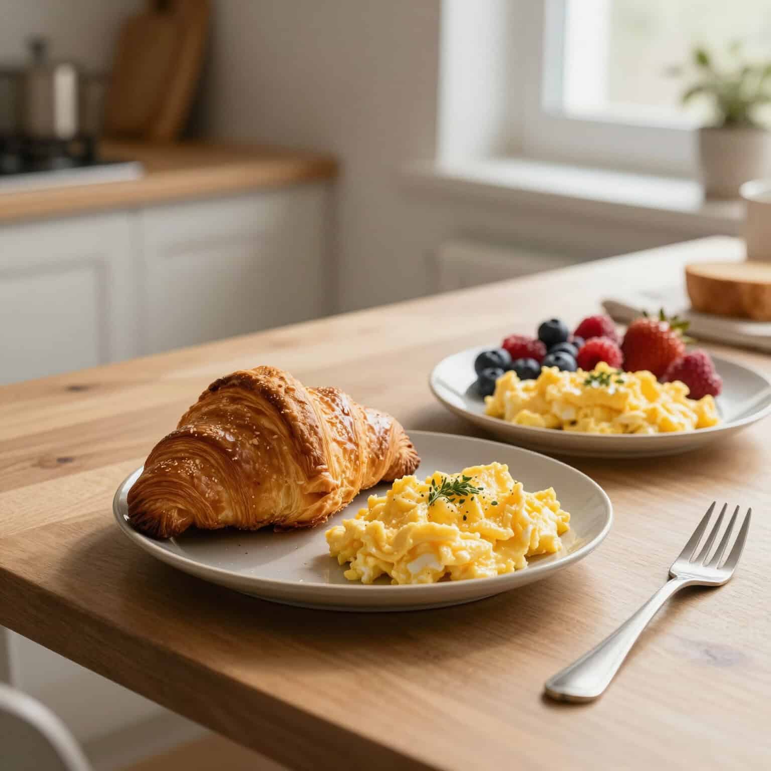 Croissant, scrambled eggs, fresh berries.