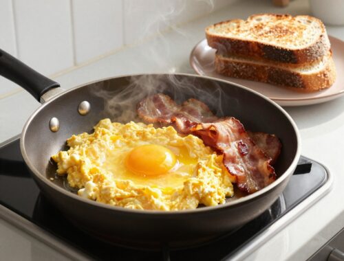 Eggs and bacon in a skillet