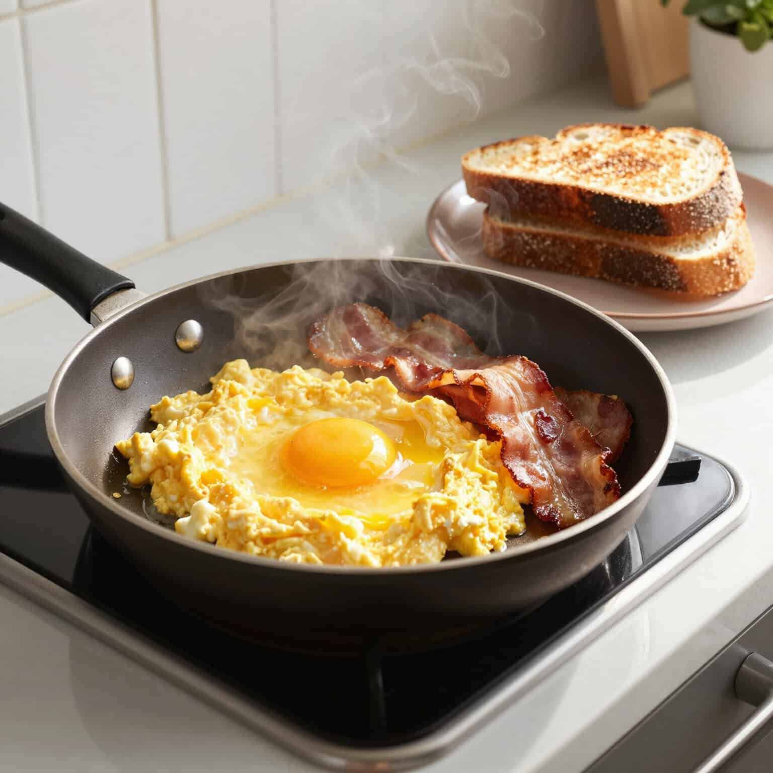 Eggs and bacon in a skillet
