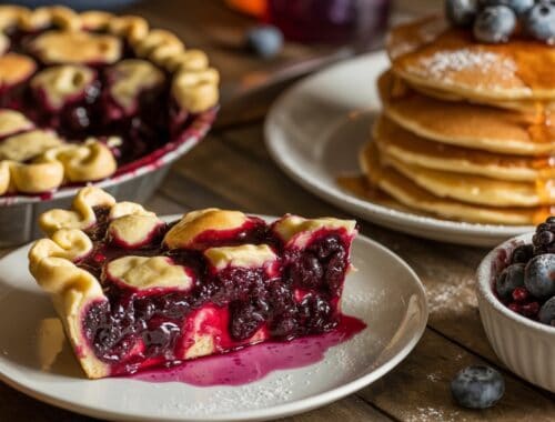Berry fruit pie with a slice served on a white plate, topped with mixed berries, and pancakes with syrup on a plate, alongside blueberries and berries in a bowl, all on a rustic wooden table.